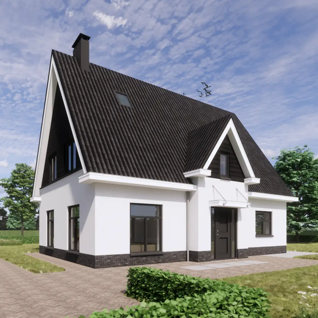 Render vrijstaande witte woning met zwart houtengevelbekleding