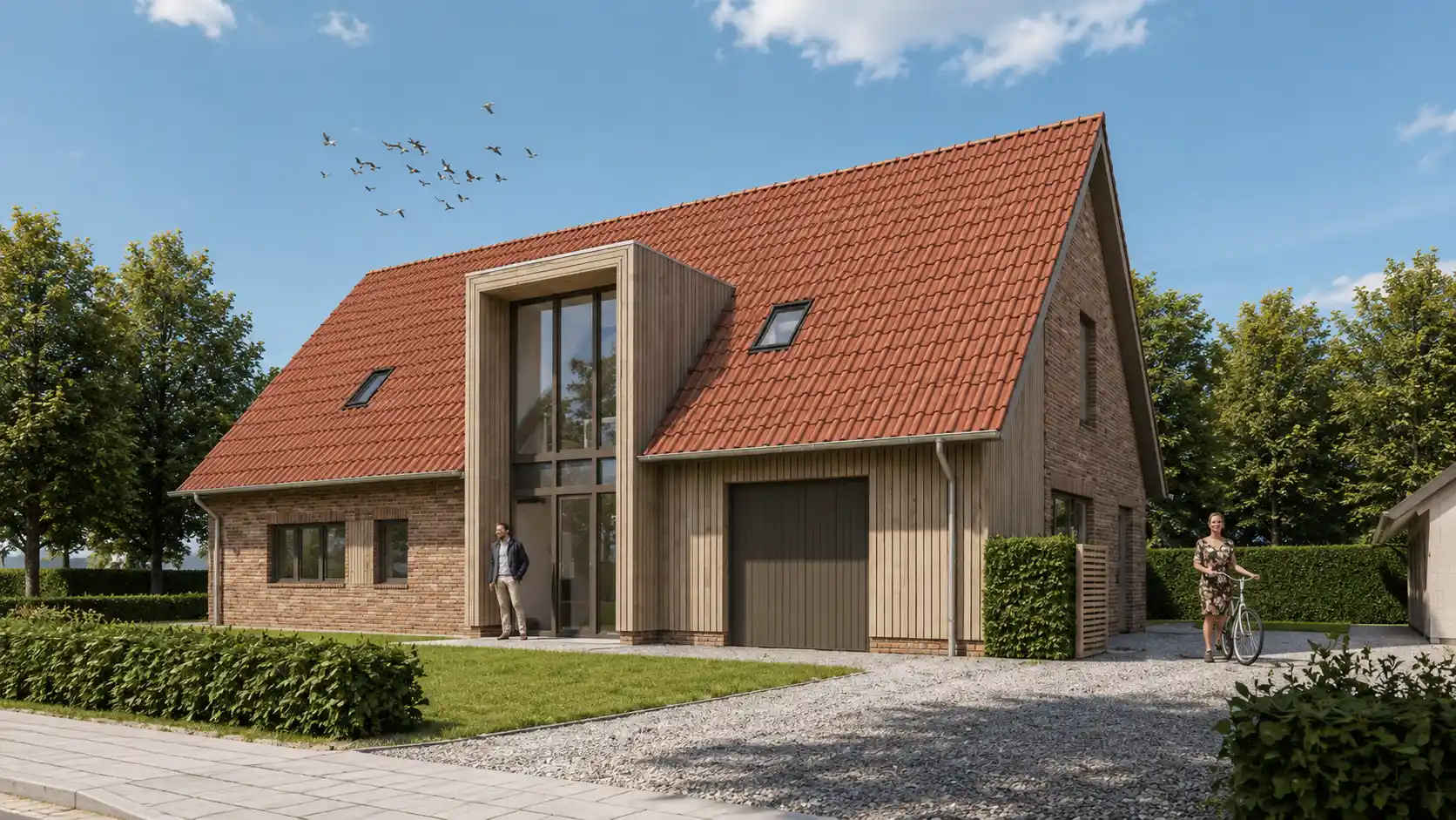 Render voorkant vrijstaande woning met houten risaliet