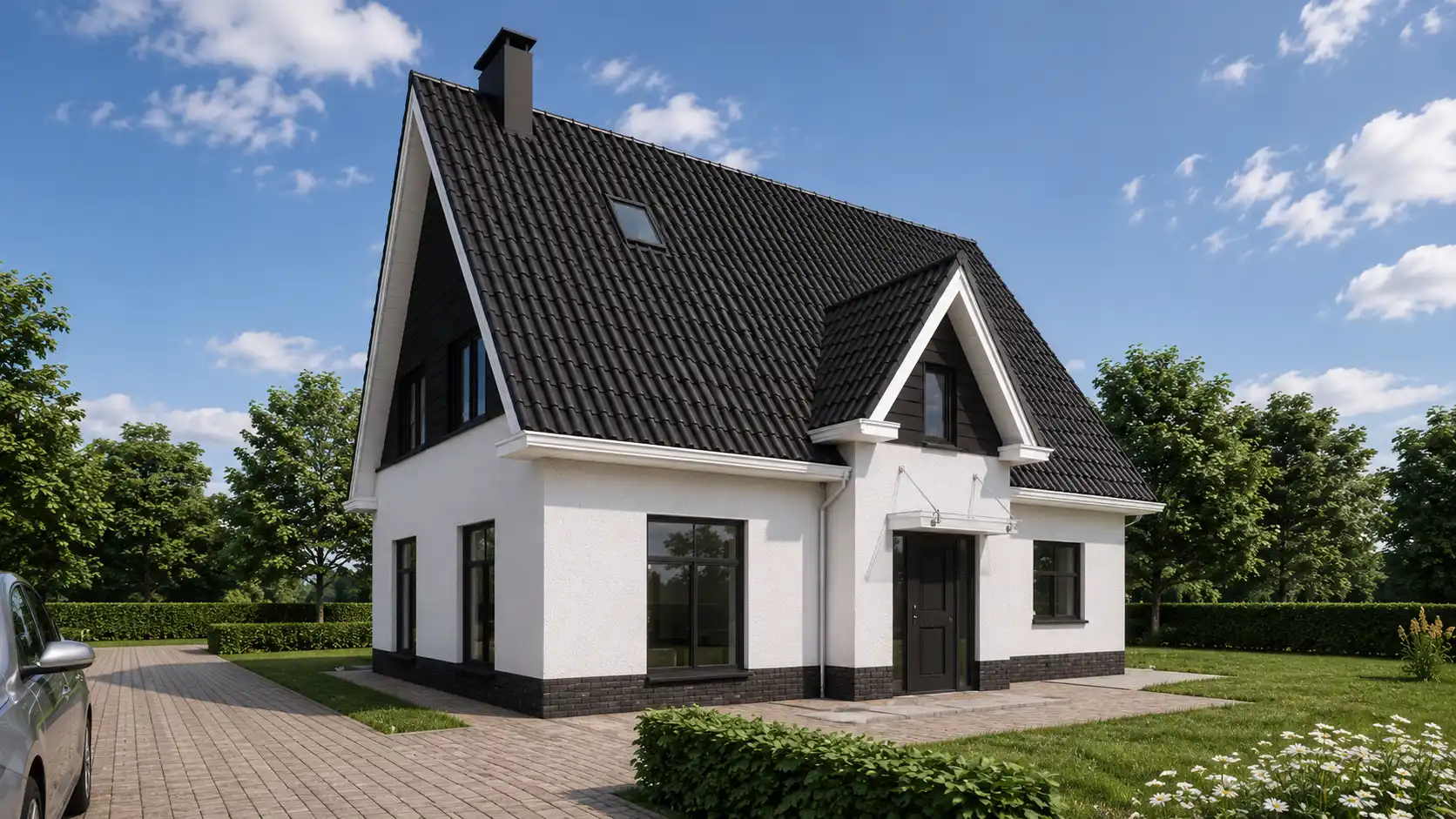 Render vrijstaande witte woning met zwart houtengevelbekleding