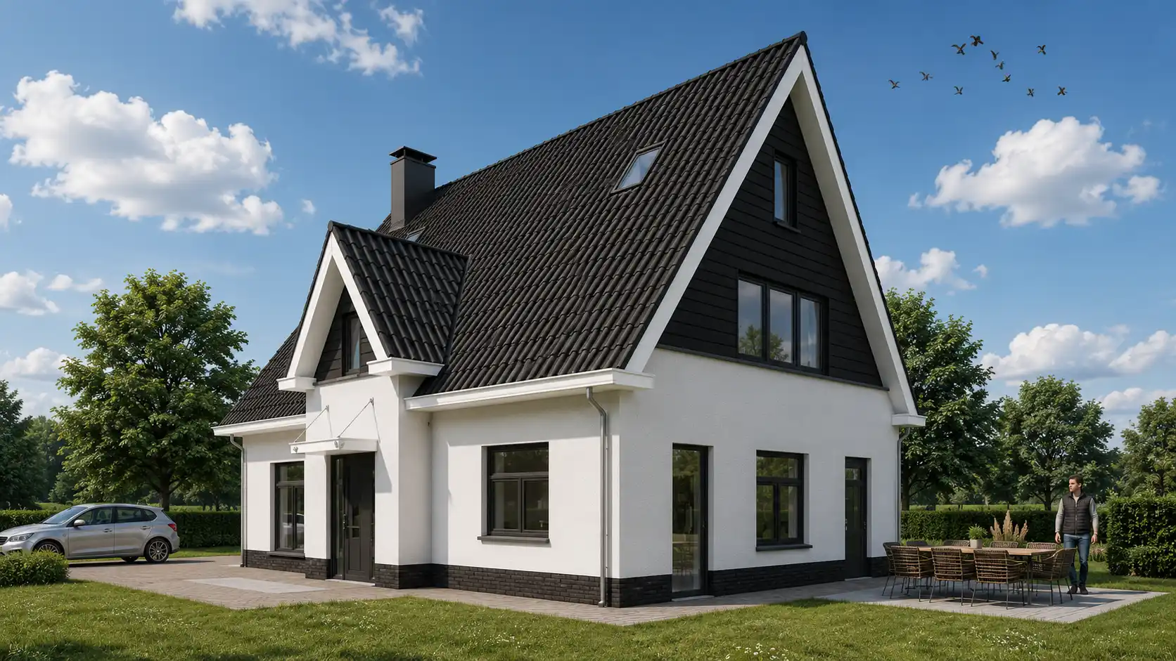 Render vrijstaande witte woning met zwart houtengevelbekleding