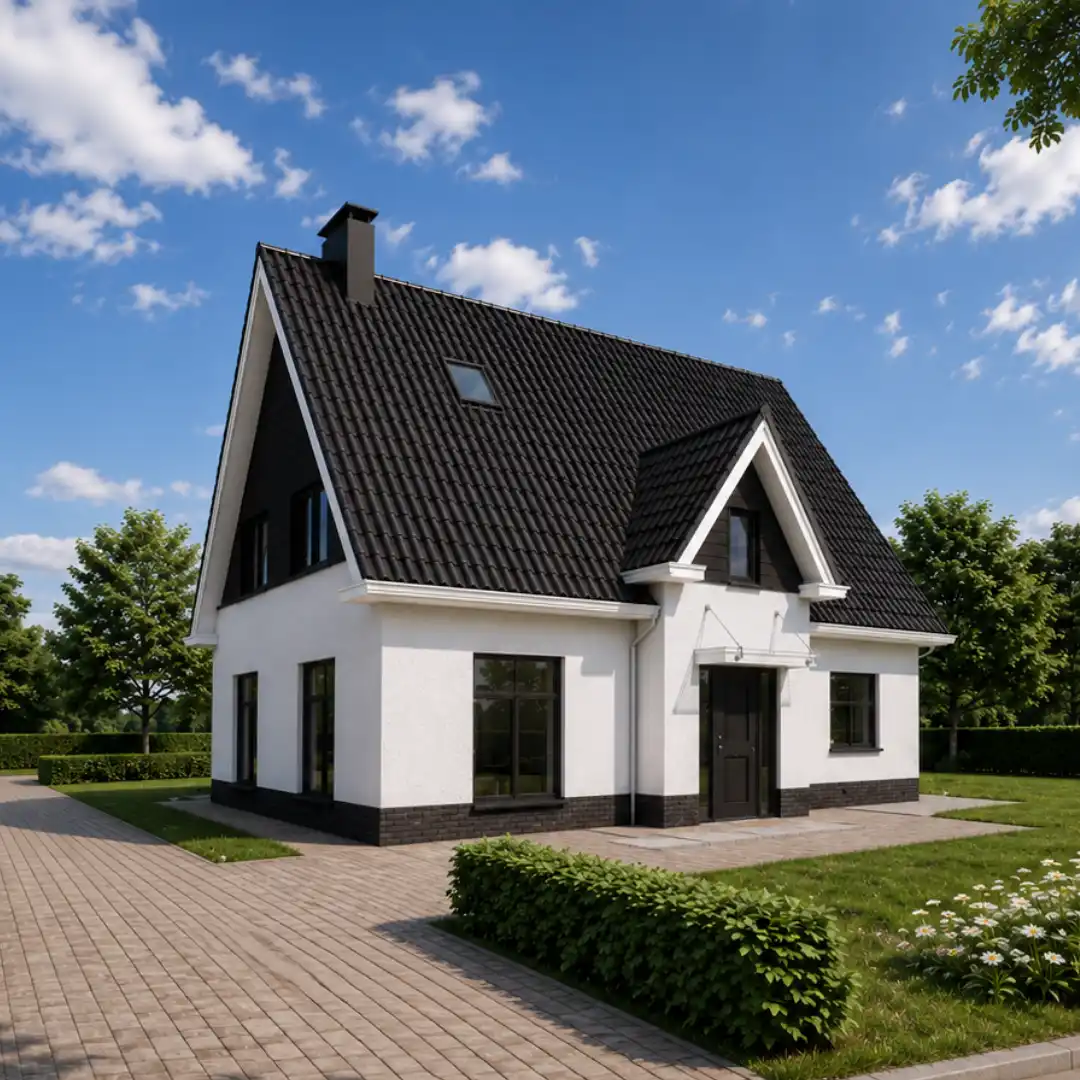 Render vrijstaande witte woning met zwart houtengevelbekleding