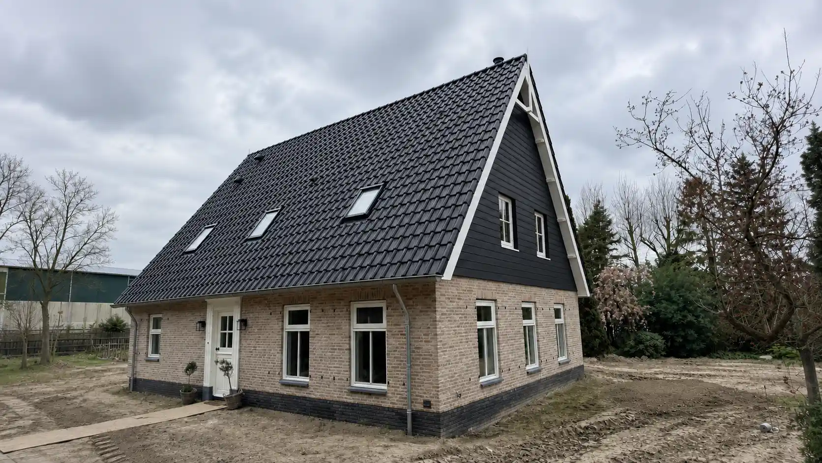 Vrijstaande woningen met lichte gevelstenen en zwarte gevelbekleding
