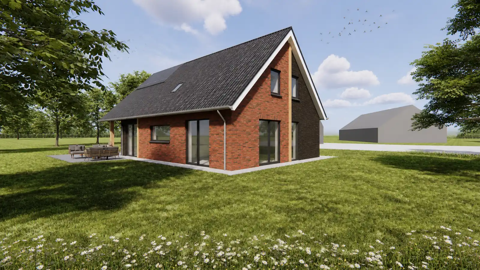 Render vrijstaande schuurwoning met rode stenen en zwart houtengevelbekleding