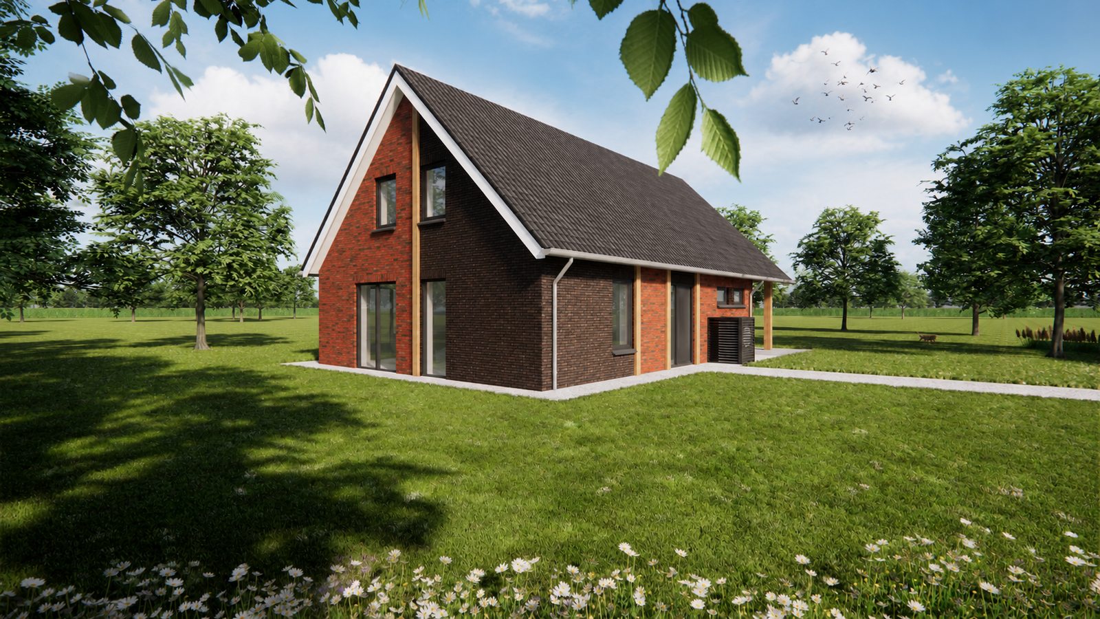 Render vrijstaande schuurwoning me houten gevelbekleding en rode stenen