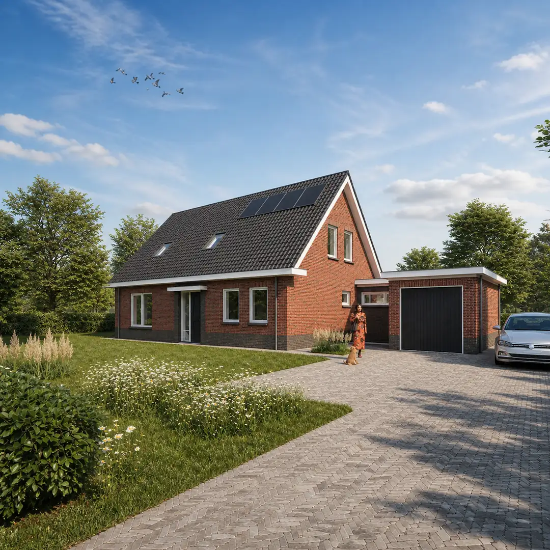 Vrijstaande woning met rode gevelstenen en aangebouwde garage