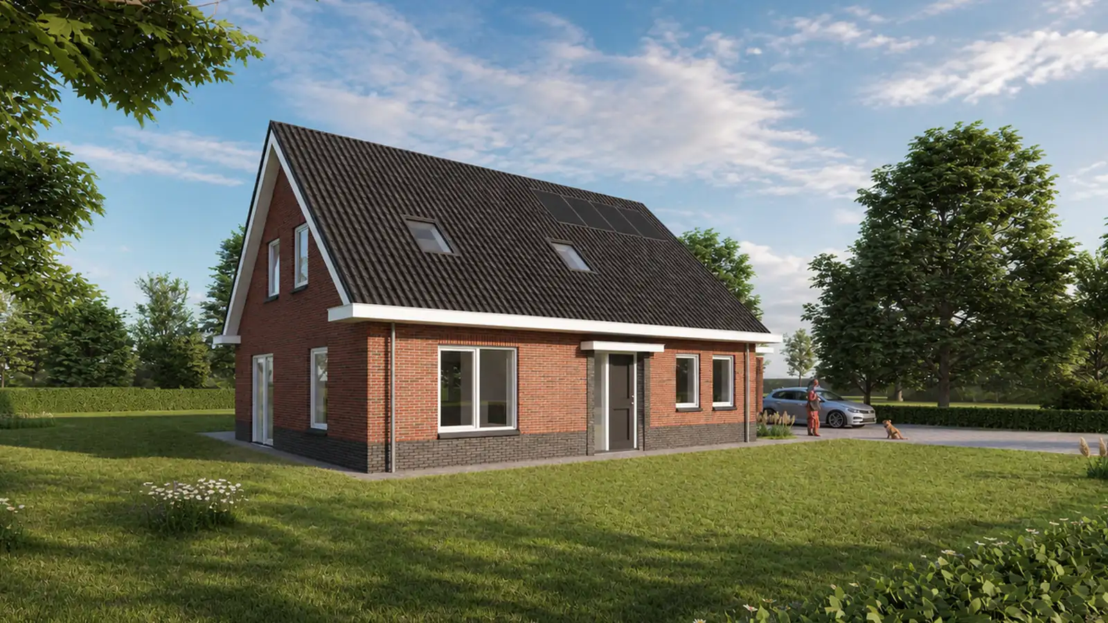 Vrijstaande woning met rode gevelstenen en zonnepanelen