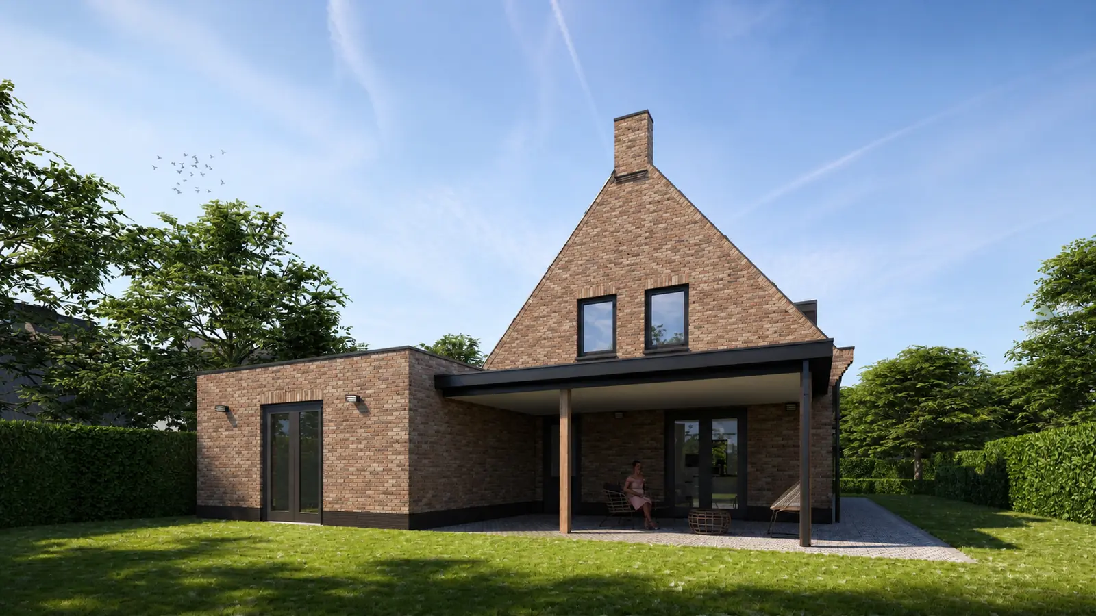 Render van een kangoeroewoning in klassieke bouwstijl en overkapping achter de woning