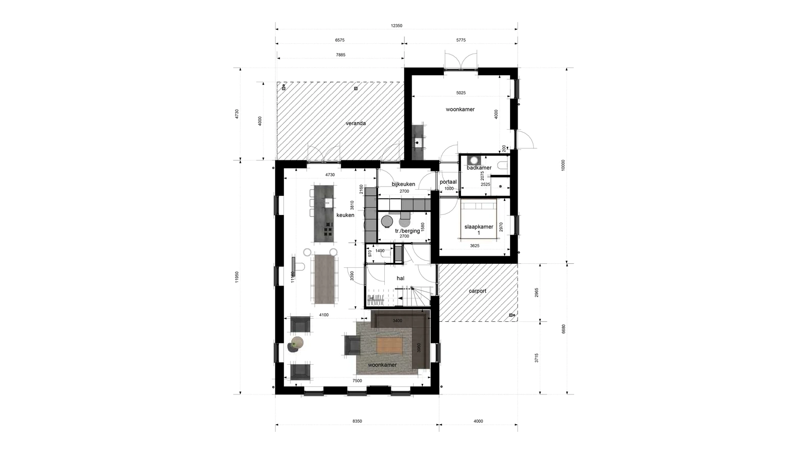 Plattergrond van een kangoeroewoning met twee aparte leefruimtes