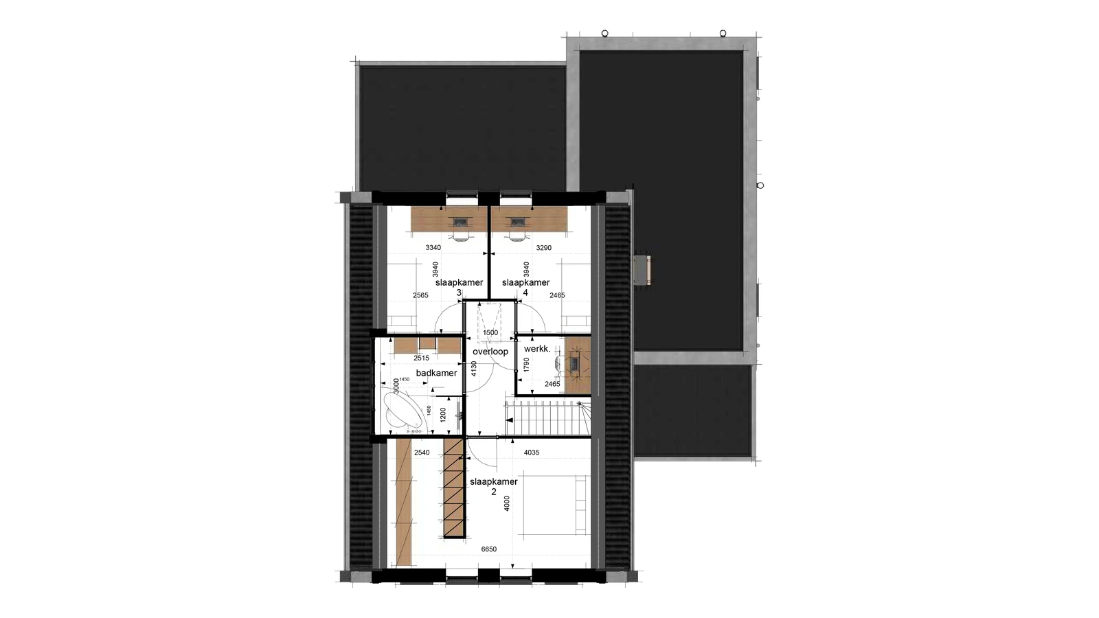 plattegrond met 3 slaapkamers en een werkplek