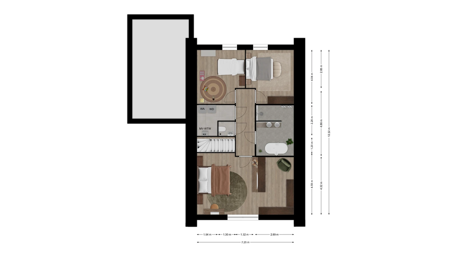 Plattegrond vrijstaande woning eerste verdieing met 3 slaapkamers en een badkamer
