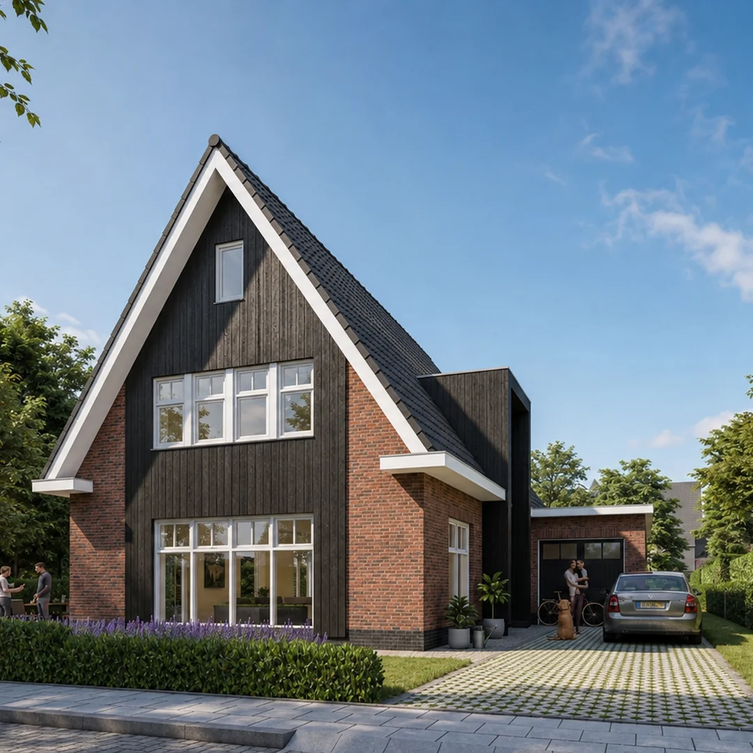 Reder van een vrijstaande woning met rode gevelstenen en houten gevelbekleding
