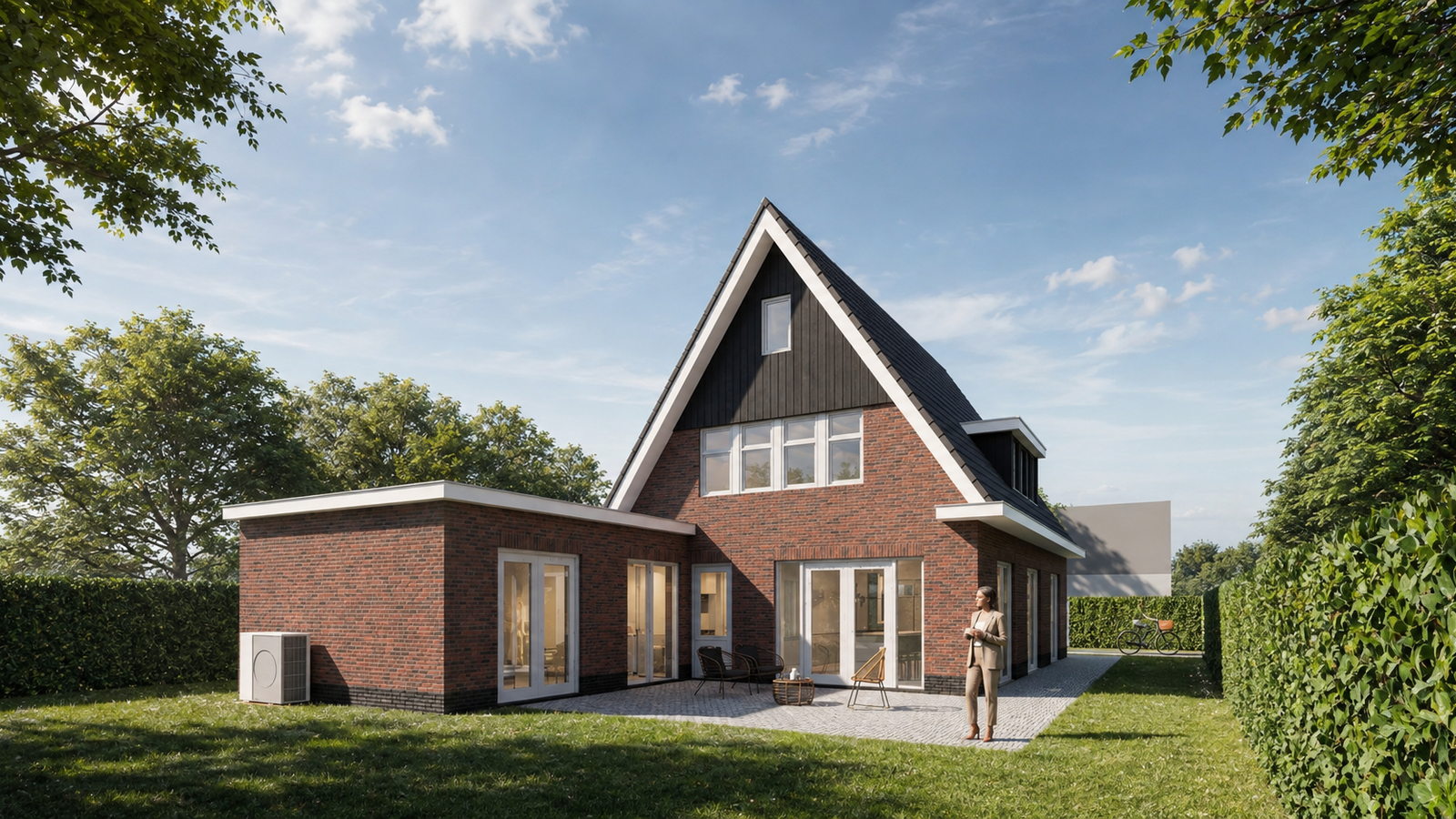 Reder van achterzijde vrijstaande woning met rode gevelstenen en houten gevelbekleding