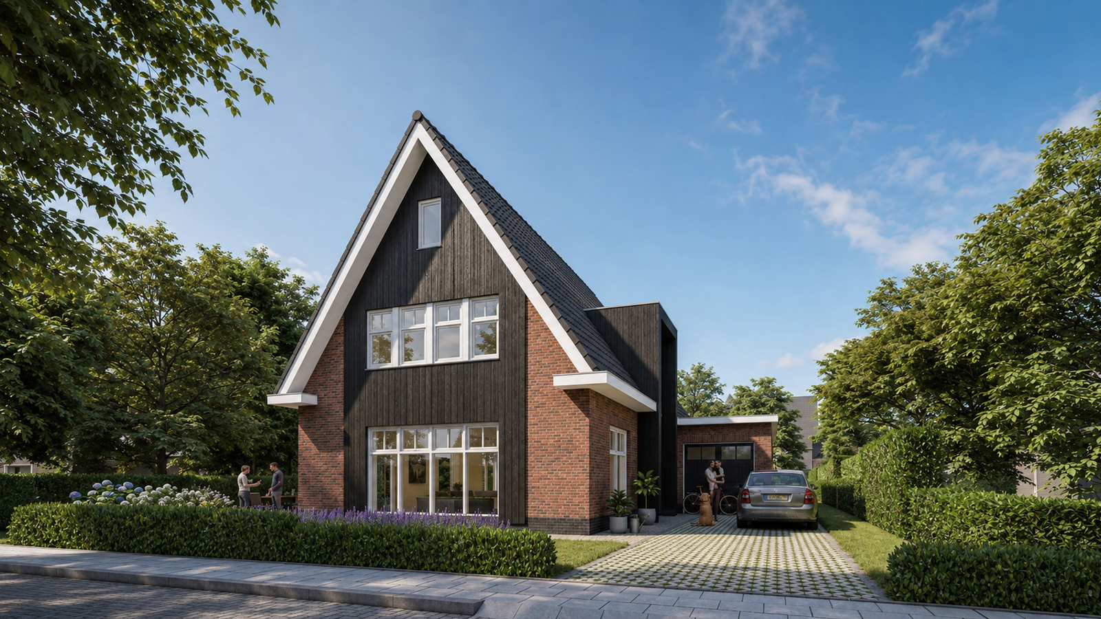 Reder van een vrijstaande woning met rode gevelstenen en houten gevelbekleding