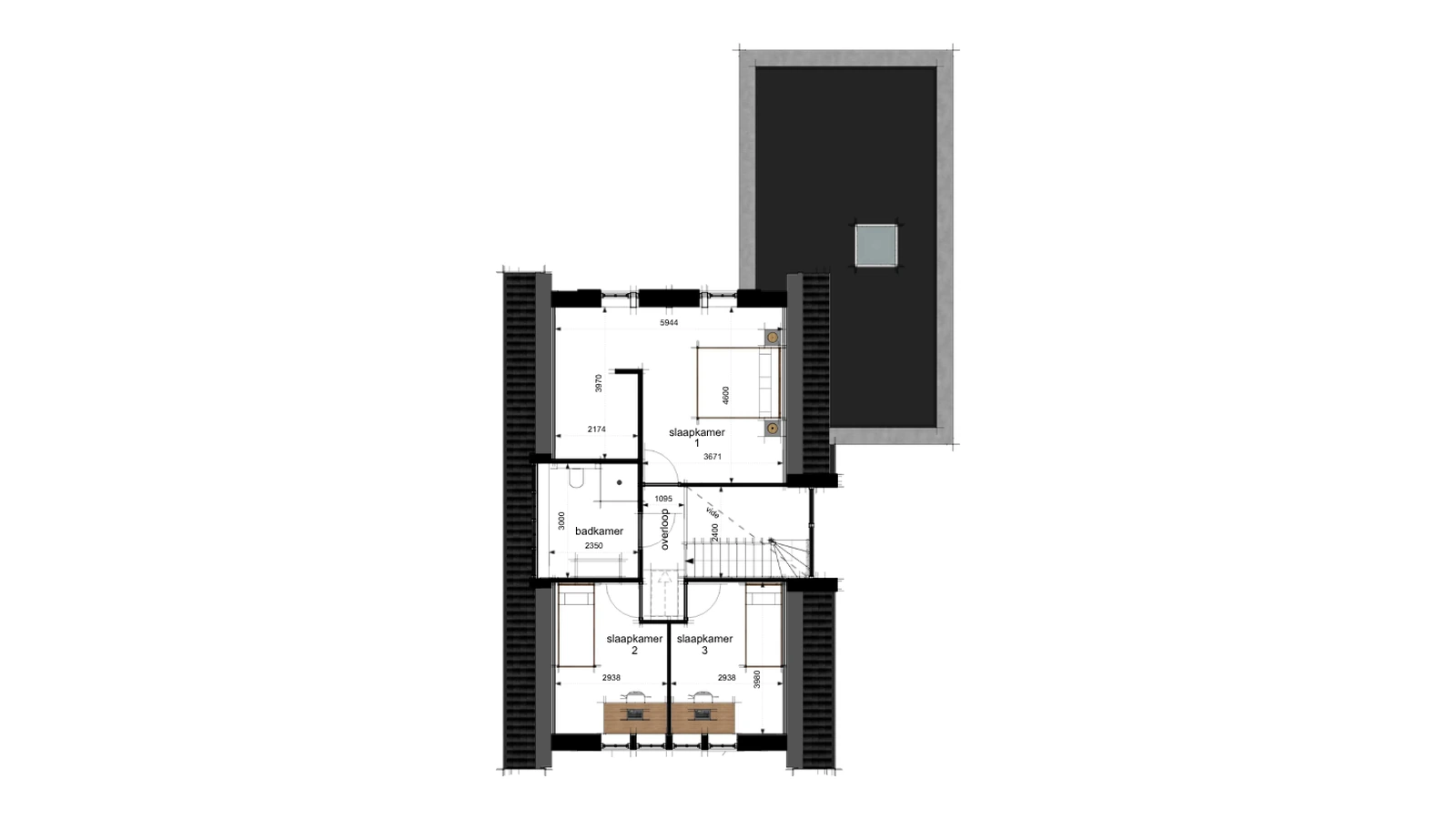 Plattegrond van een vrijstaande woning met drie slaapkamers en een complete badkamer