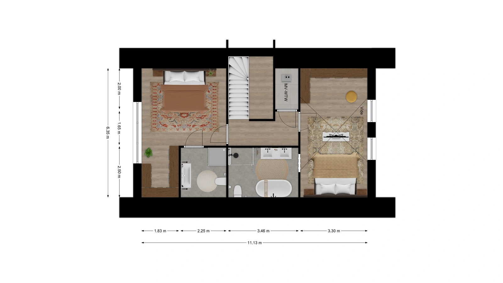 Plattegrond vrijstaande woning eerste verdieping met twee grote slaapkamers