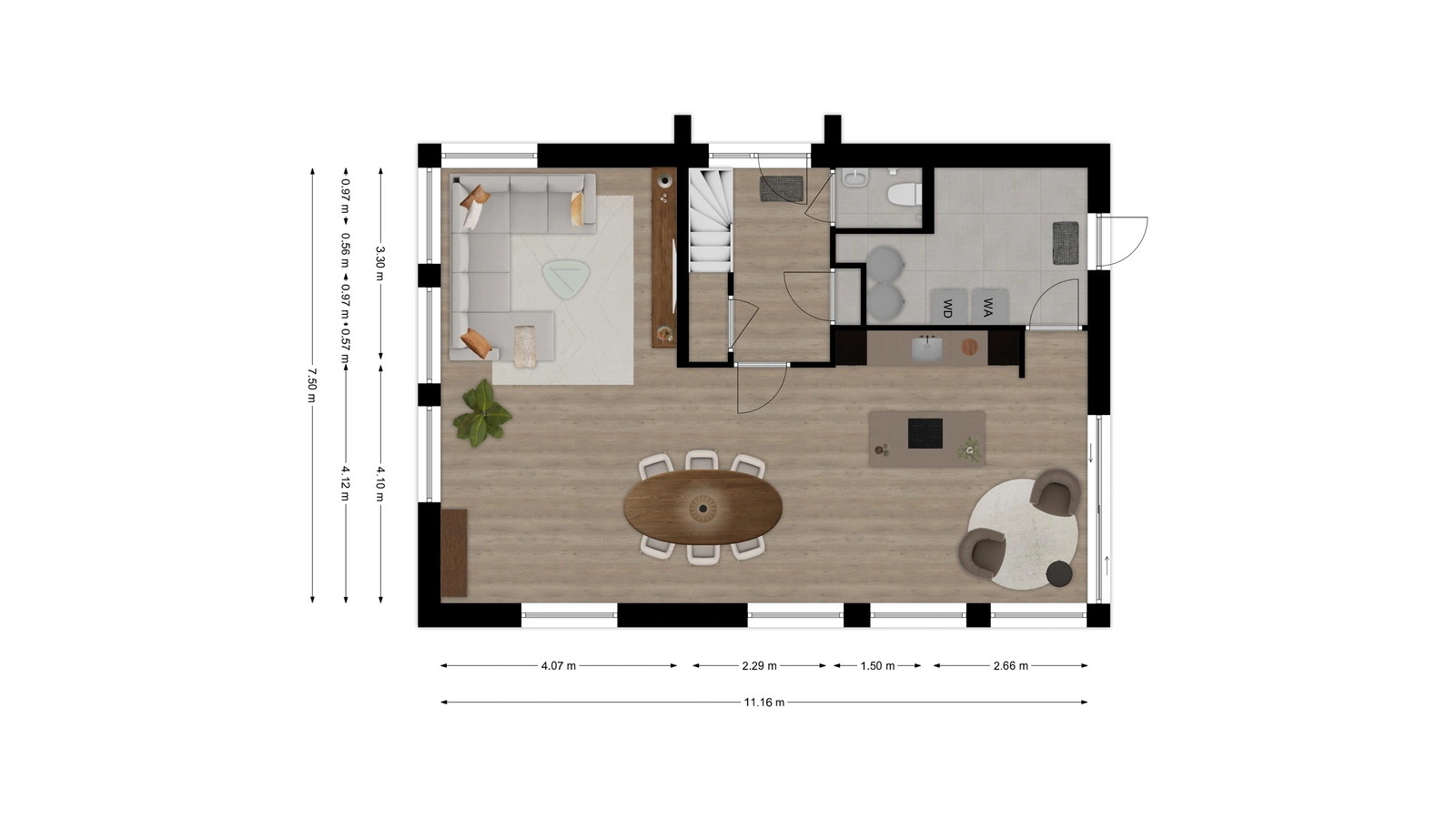 Plattegrond vrijstaande woning begane grond met grote open leefruimte