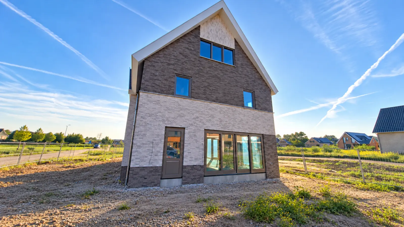 Vrijstaande moderne hoogbouw woning met twee kleuren gevelstenen