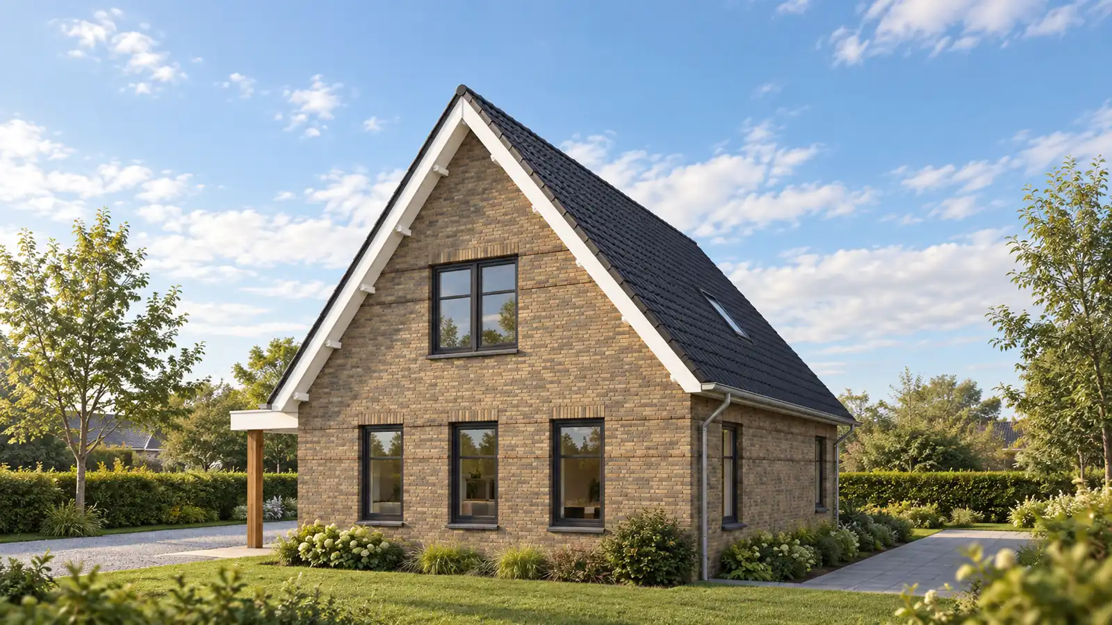 Vrijstaande woningen met warme gevelstenen en donkere kozijnen