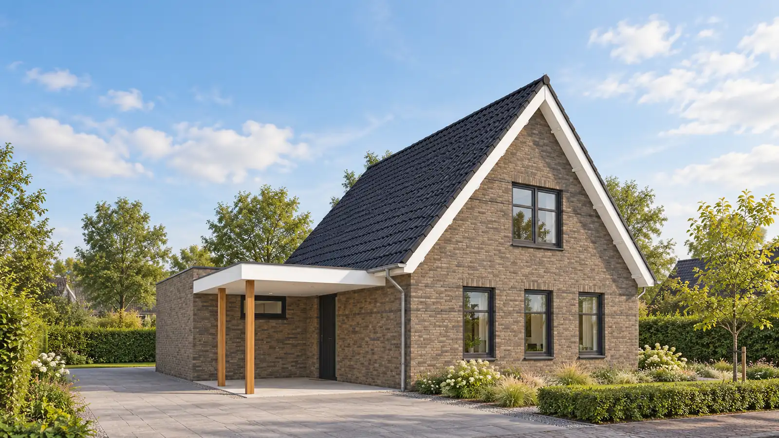 Vrijstaande woningen met warme gevelstenen en donkere kozijnen