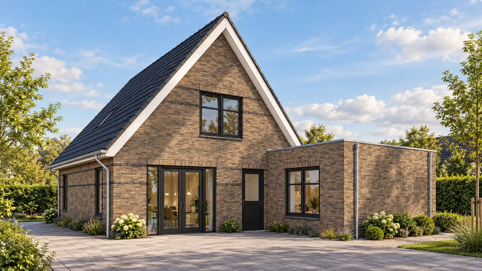 Render achterzijde vrijstaande woningen met warme gevelstenen en donkere kozijnen