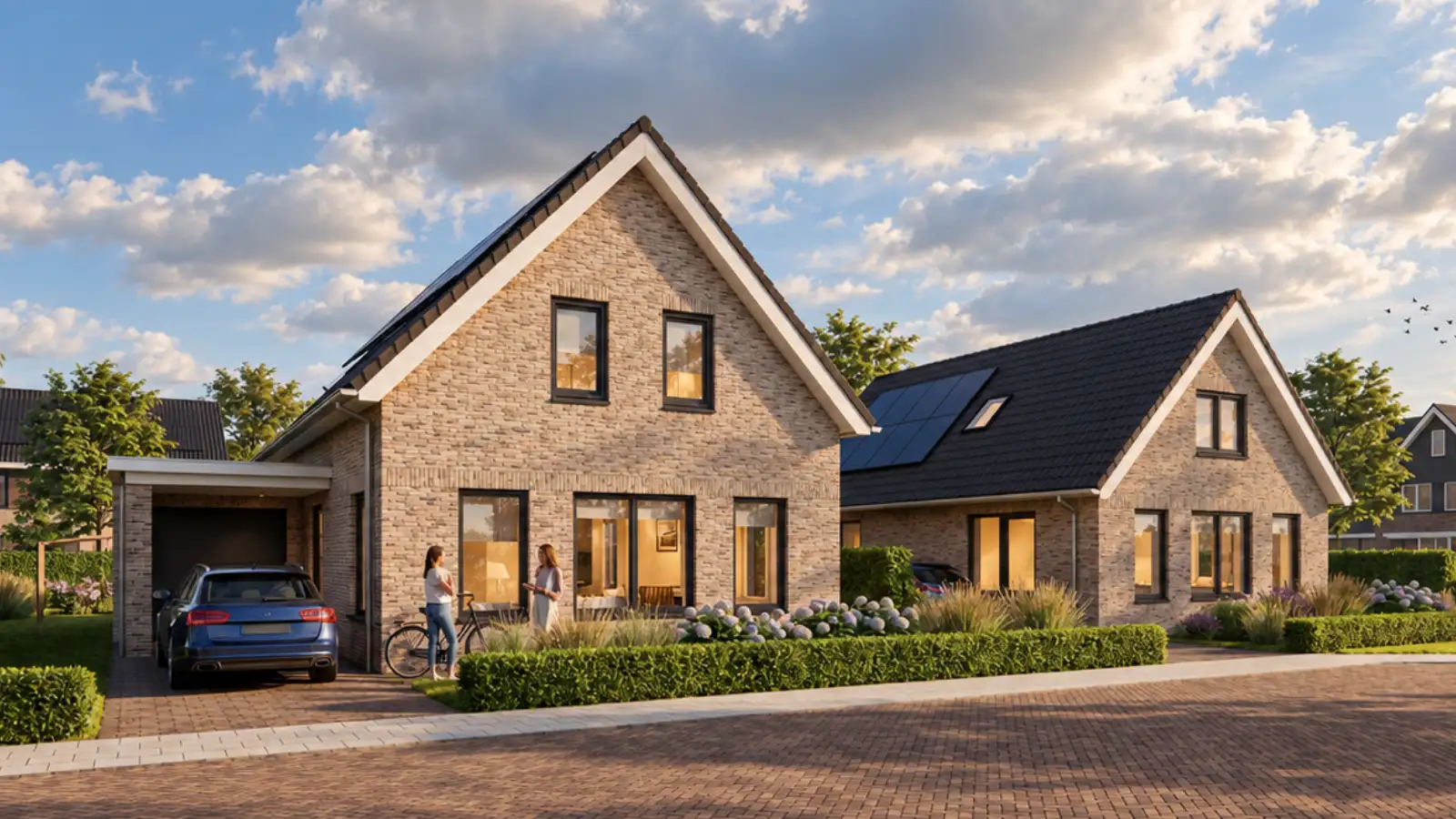 Render van twee vrijstaande woninfen naast elkaar met een aangebouwde garage