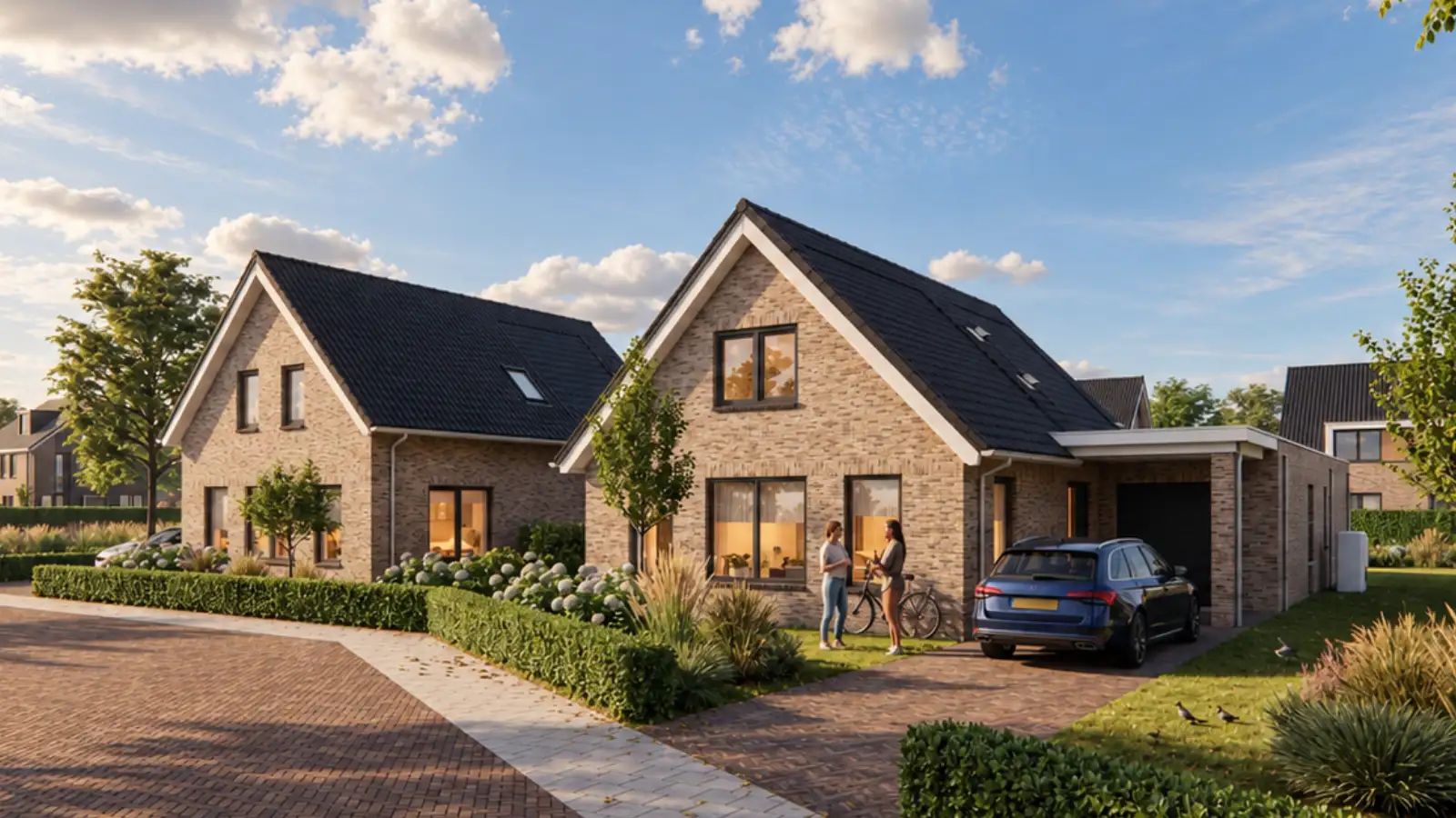 Render van twee vrijstaande woninfen naast elkaar met een aangebouwde garage