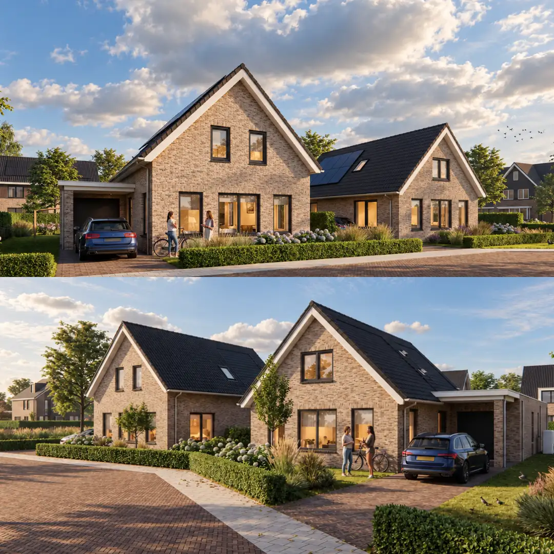 Render van twee vrijstaande woninfen naast elkaar met een aangebouwde garage