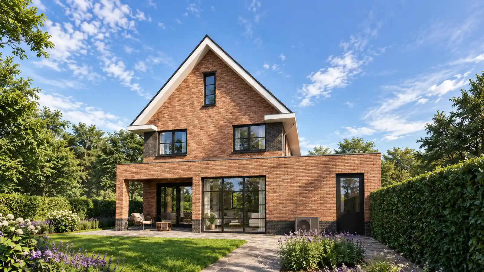 Vrijstaande hoogbouwwoning met uitbouwRender van een vrijstaande hoogbouw woning met rode gevelstenen