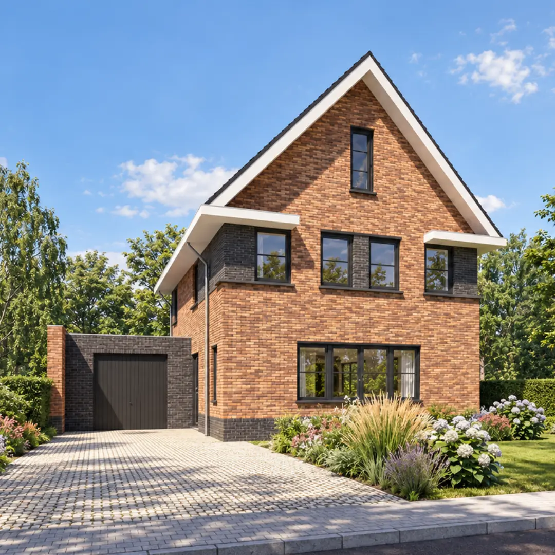 Render van een vrijstaande hoogbouw woning met rode gevelstenen
