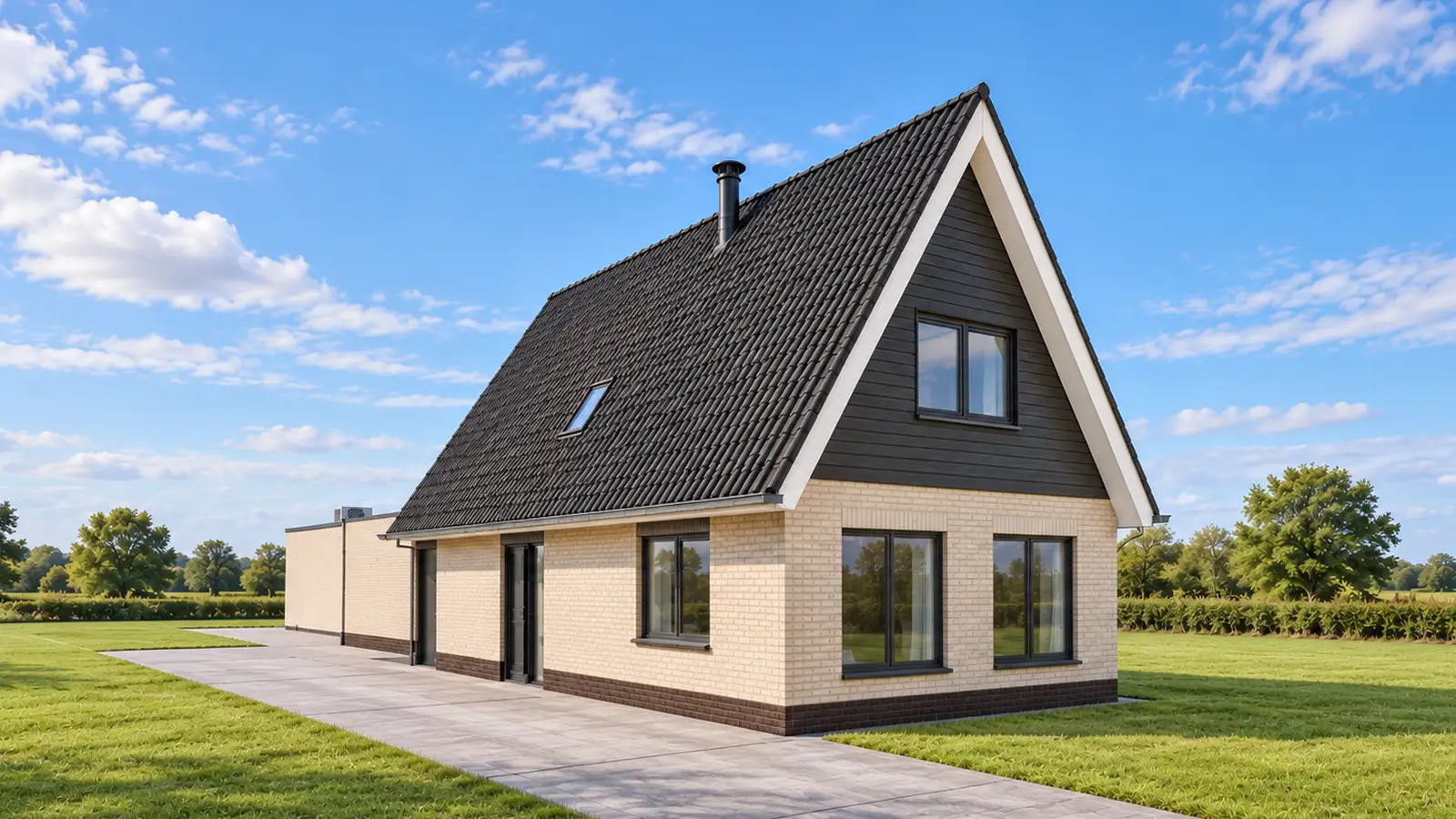 Render vrijstaande woning met lichte gevelstenen en donkere houten gevelbekelding
