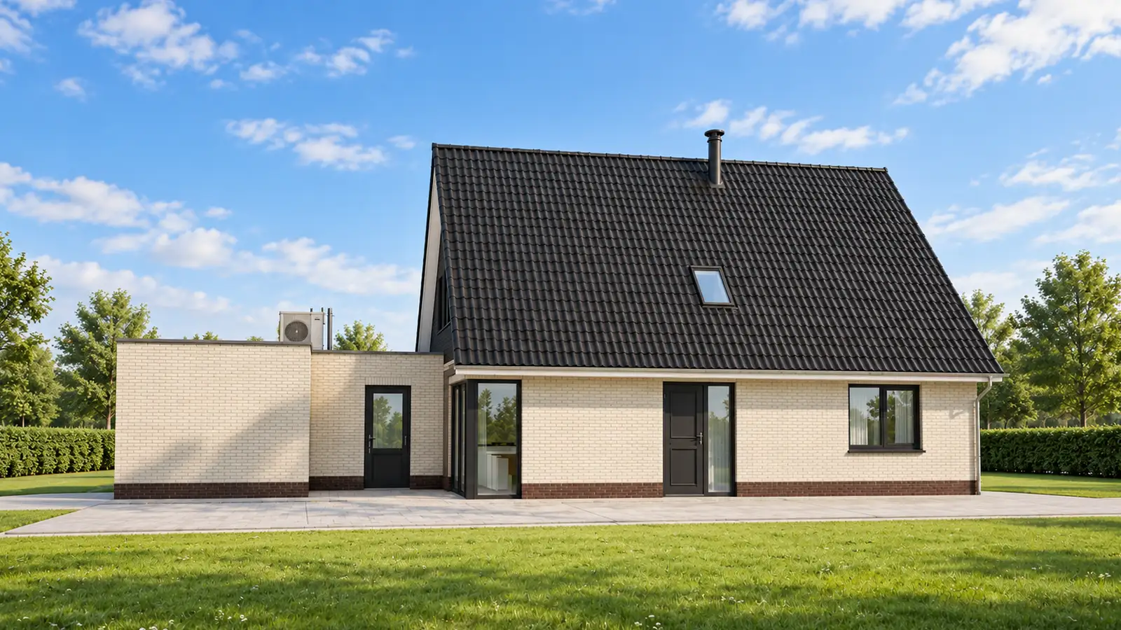 Render vrijstaande woning met lichte gevelstenen en donkere houten gevelbekleding