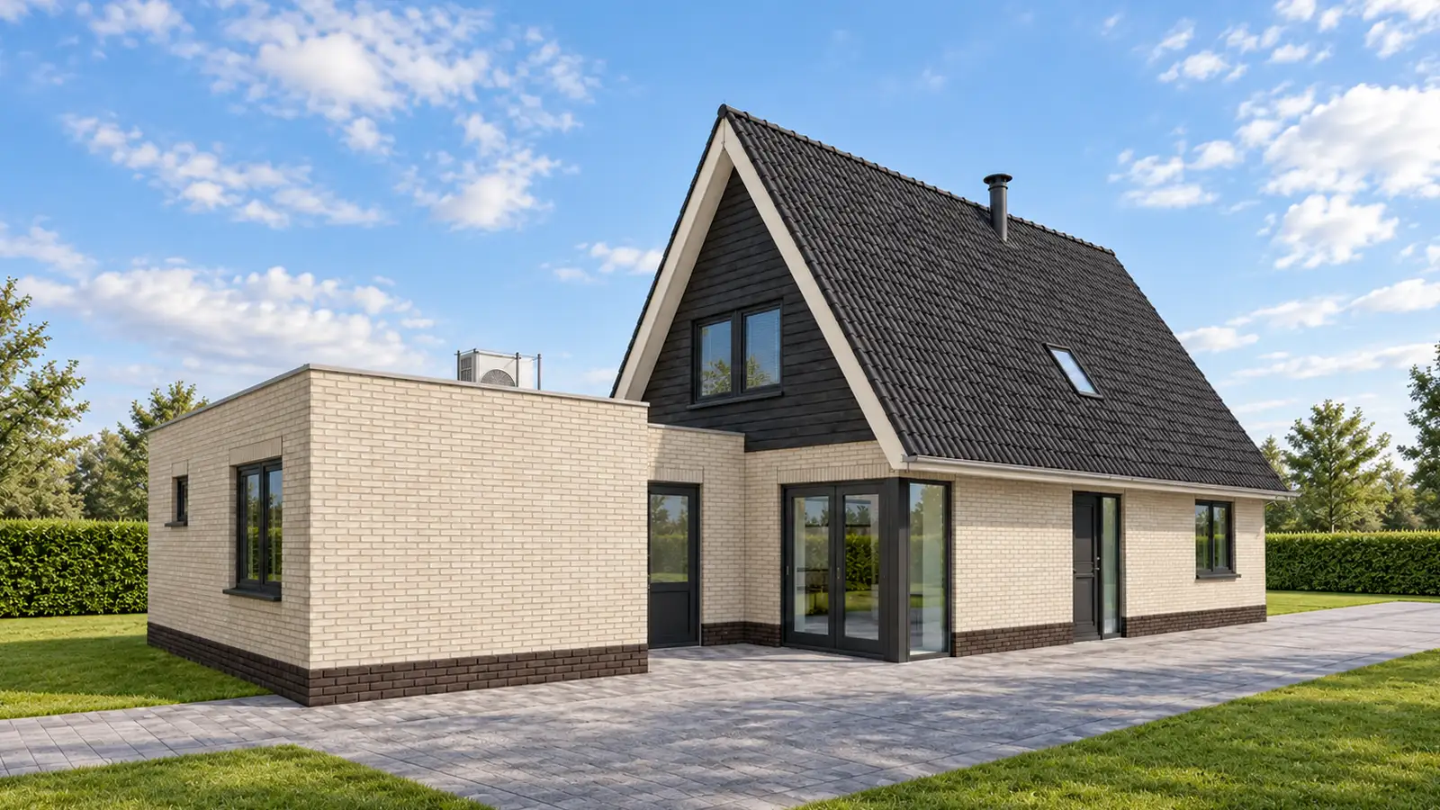 Render achterzijde vrijstaande woning met lichte gevelstenen en donkere houten gevelbekelding