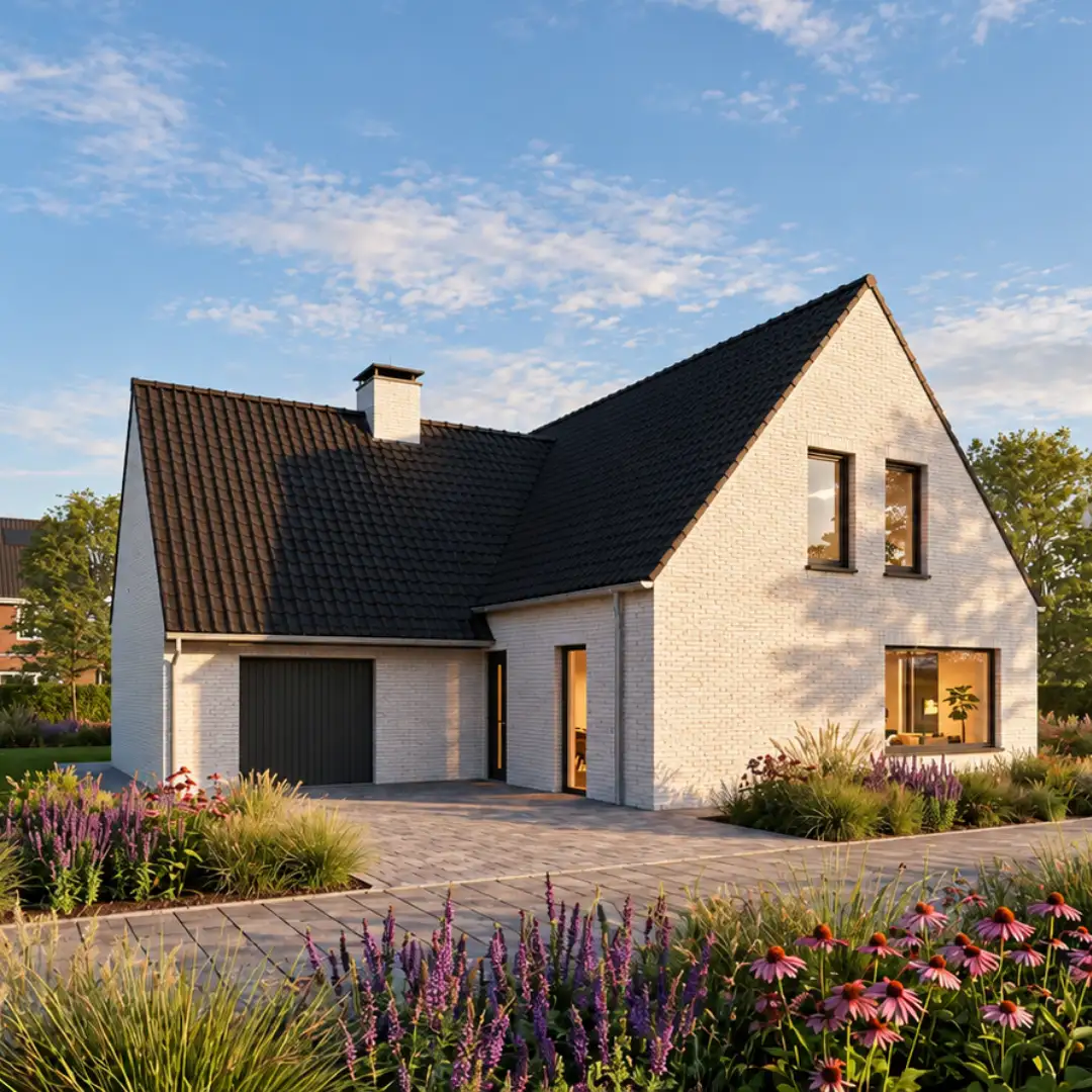 Render vrijstaande woning met witte gevelstenen en aanbouw