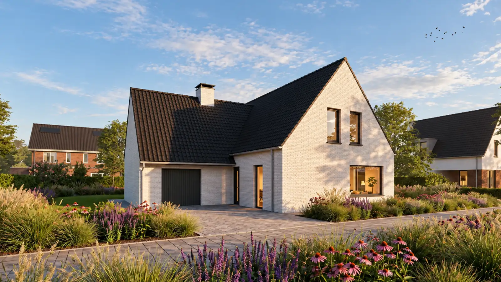 Render vrijstaande woning met witte gevelstenen en aanbouw