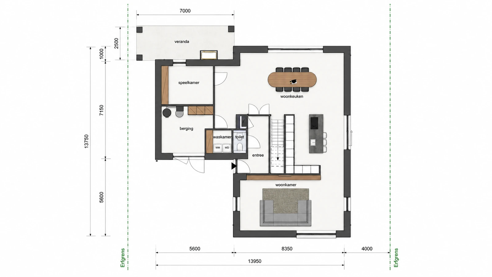 Plattegrond van vrijstaande woning met grote leefruimte