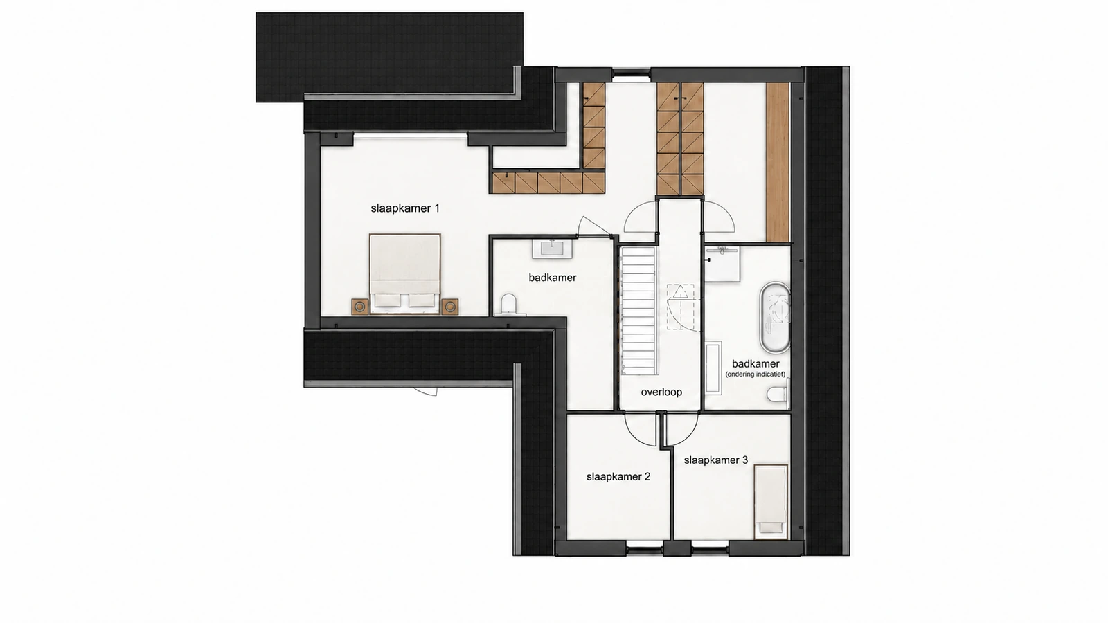 Plattegrond vrijstaande woning eerste verdieping met drie slaapkamers