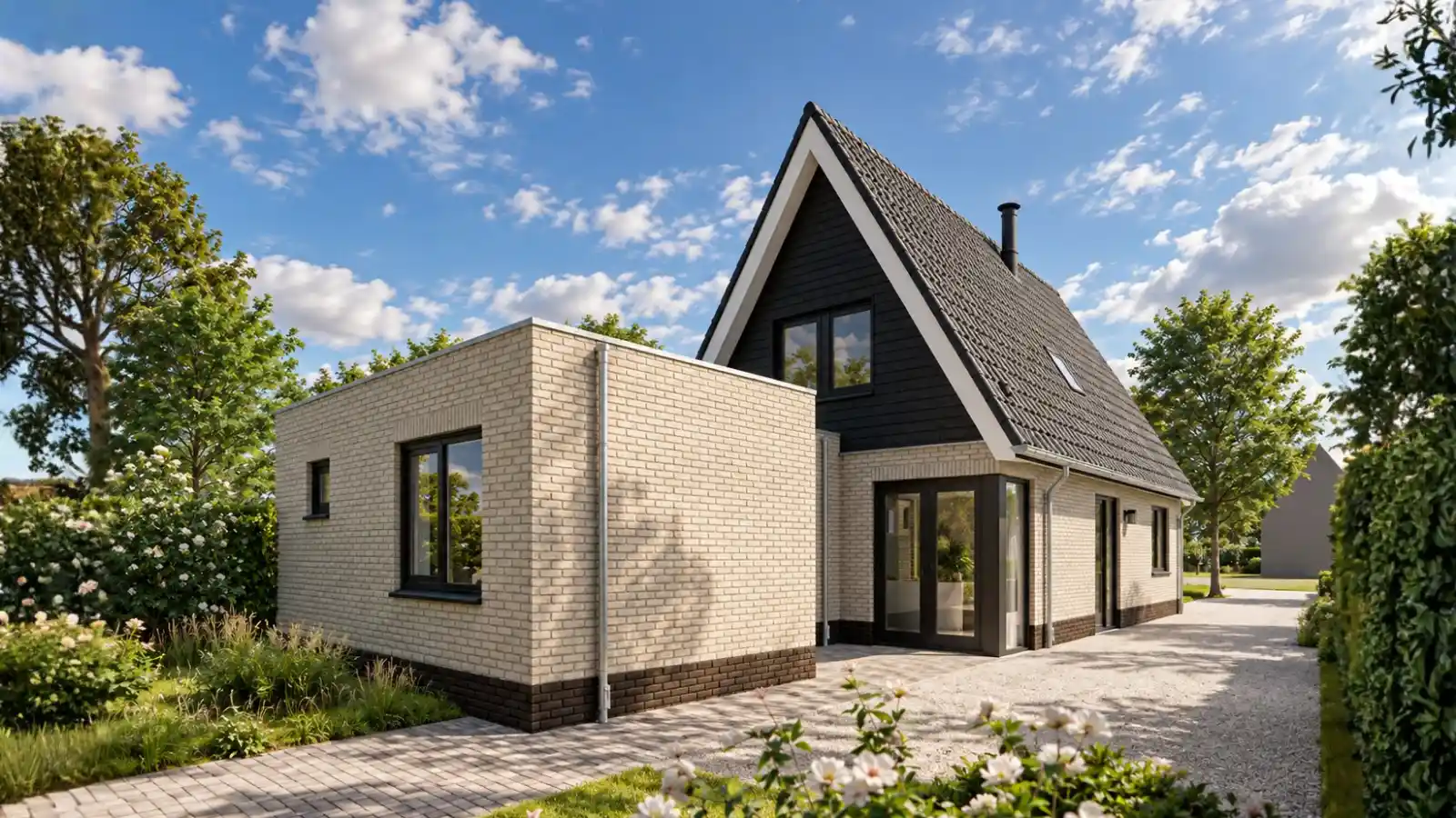 Render achterzijde vrijstaande woning met aanbouw en witte gevelstenen met zwart houten gevelbekleding