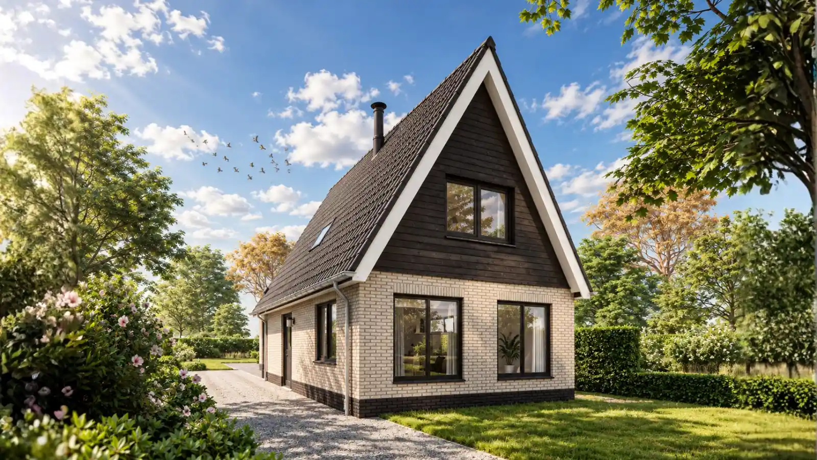 Render vrijstaande woning met witte gevelstenen en zwart houten gevelbekleding