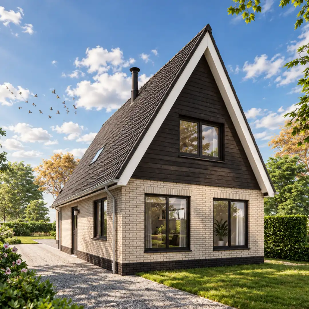 Render vrijstaande woning met witte gevelstenen en zwart houten gevelbekleding