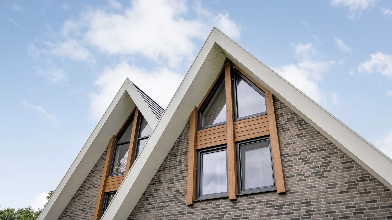 Twee puntgevels met overstek en houten gevelbekleding