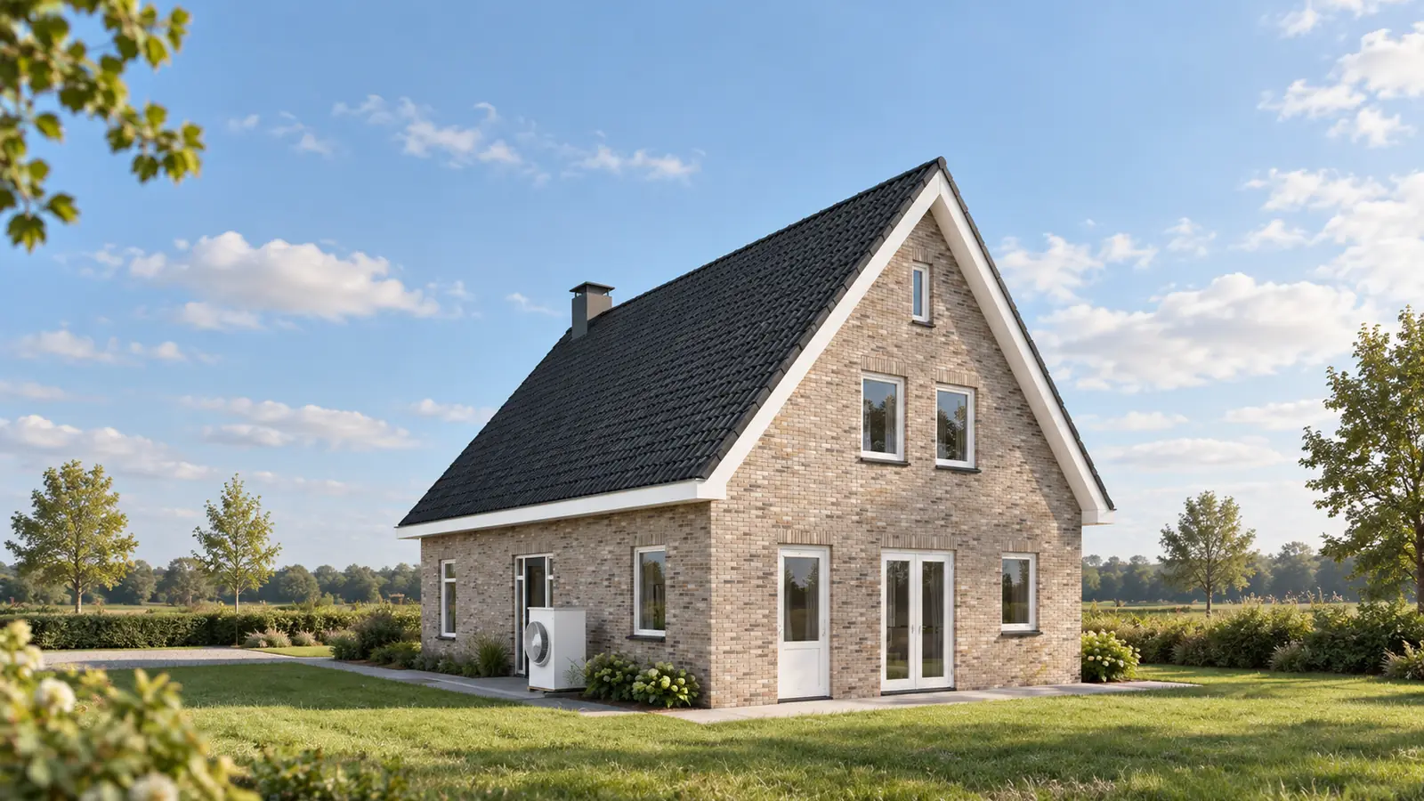 Vrijstaande woning met steile kap, schoorsteen en witte kozijnen