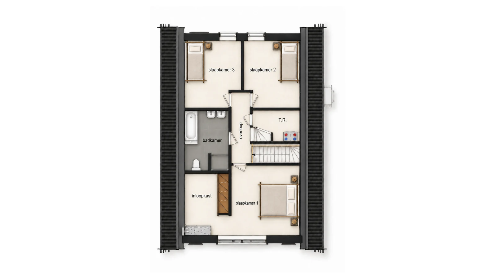Plattegrond eerste verdieping met drie slaapkamers