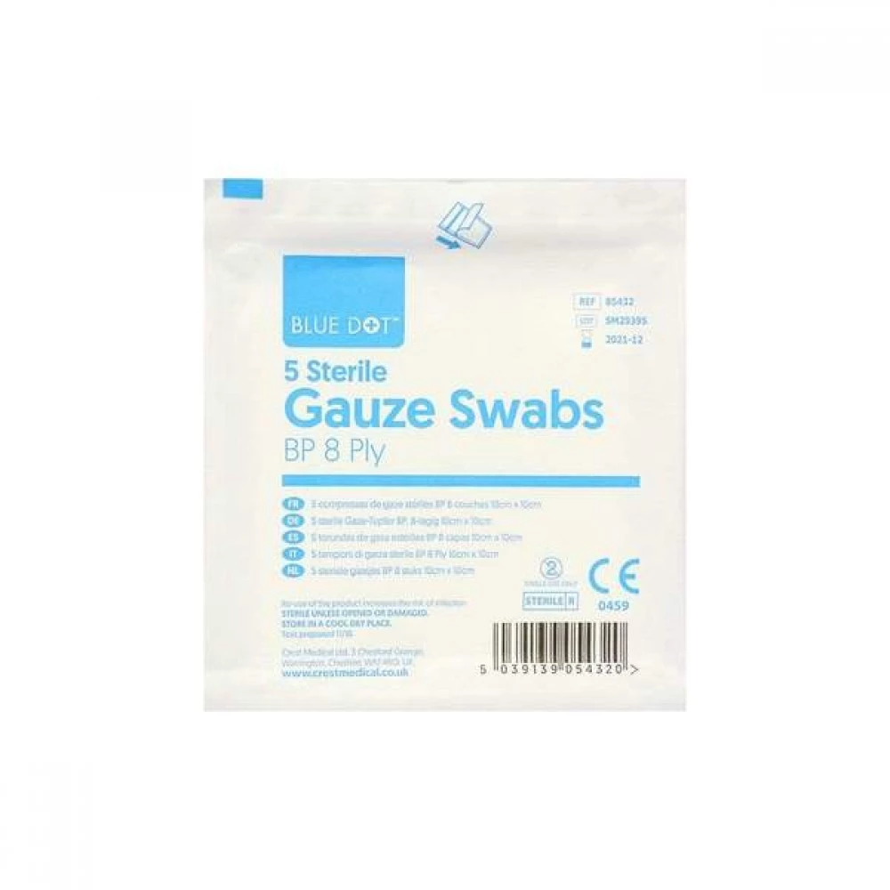 BLUE DOT Sterile Gauze Swabs 8 Ply 5cm x 5cm, Pack of 5