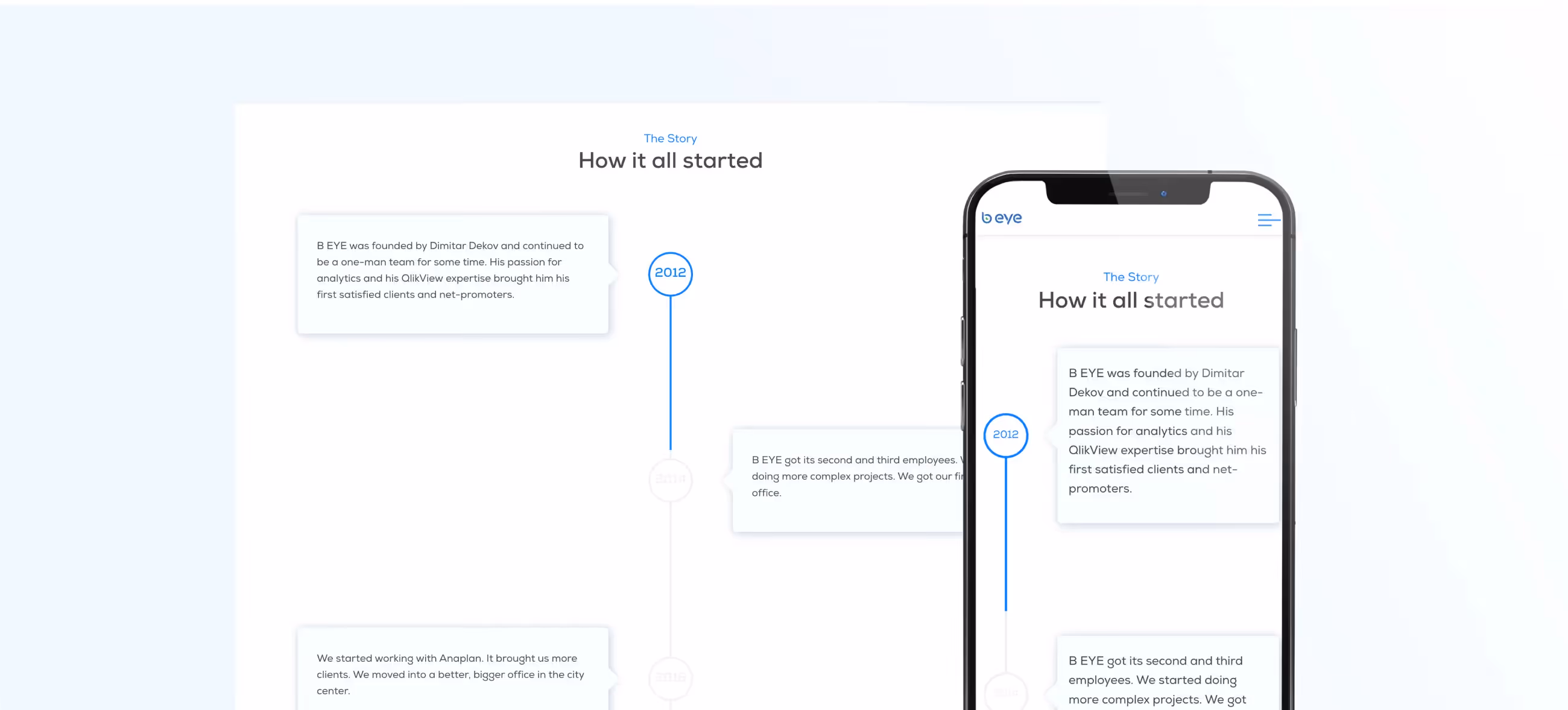 Image of B-eye's "How it started" story on a mobile device