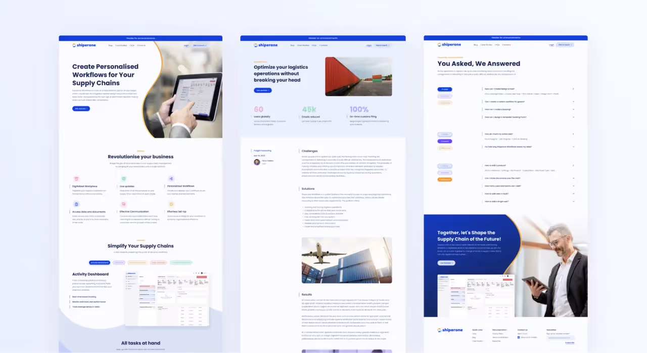 Shiperone's website landing pages