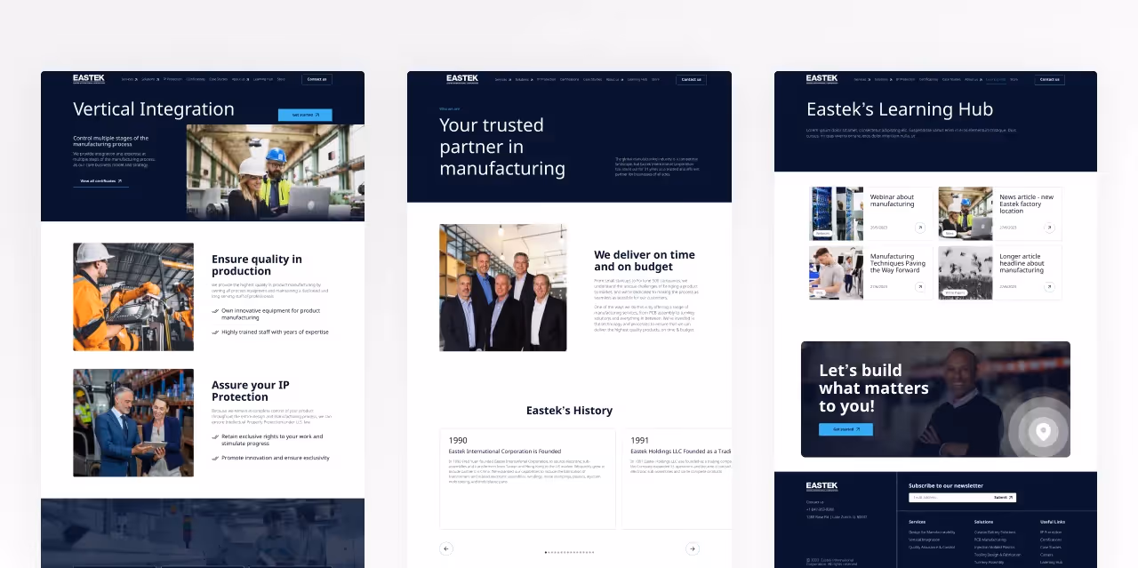 Eastek website - services and learning hub pages