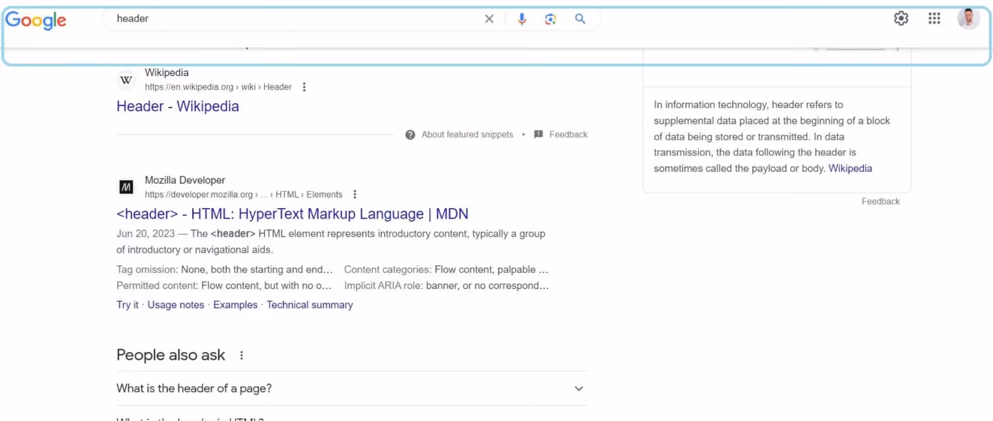 Screenshot of Google's sticky header