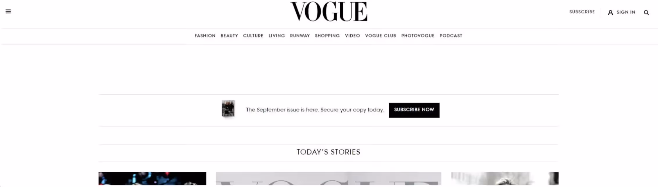 Screenshot ov Vogue's Website Header