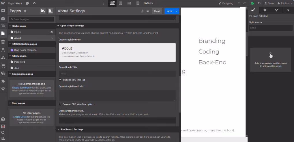 Webflow Interface about page