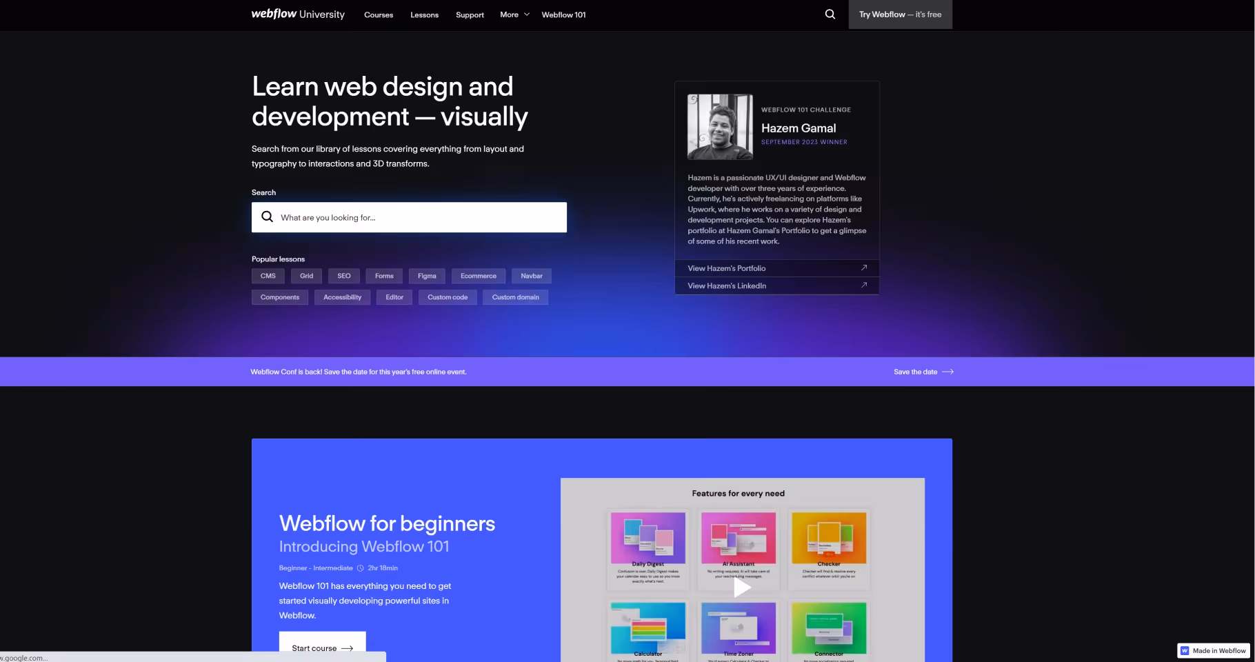Screenshot of Webflow University